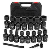 LLNDEI 3/8\" Drive Universal Impact Socket Set, 19 Pieces CR-MO Swivel Socket Set, Metric(8-22mm) Wobble Sockets 6 Point with Extension Bars, Adapter and Black Organizer