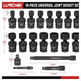 LLNDEI 3/8\" Drive Universal Impact Socket Set, 19 Pieces CR-MO Swivel Socket Set, Metric(8-22mm) Wobble Sockets 6 Point with Extension Bars, Adapter and Black Organizer