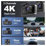 3 Channel 4K Dash Cam with 5GHz WiFi & APP Control, 4K+1080P+1440P Dash Cam Front and Rear Inside with 64GB Card, Dash Camera for Cars with Night Vision, Loop Recording, G-Sensor, 24H Parking Mode