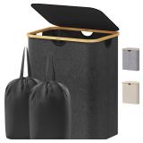 Lifewit 120L Laundry Basket with Lid, Clothes Hampers for Laundry with Bamboo Handles and 2 Removable Bag, Large Foldable Laundry Hamper for Bedroom, Bathroom, Dorm, Laundry Room, Dark Gray