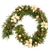 AMERZEST Pre-lit 9ft Christmas Garland with Gold Berries and Balls,Pine Cone,Golden Flower and 50 Battery Operated Soft White LED Lights with Timer,Artificial Holiday Decoration Door Outdoor