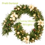 AMERZEST Pre-lit 9ft Christmas Garland with Gold Berries and Balls,Pine Cone,Golden Flower and 50 Battery Operated Soft White LED Lights with Timer,Artificial Holiday Decoration Door Outdoor