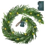 Wavyknot Real Touch Norfolk Pine Garland Faux Christmas Garland Pre Lit Artificial Pine Greenery Garlands with Warm White LED Lights for Xmas Holiday Wedding Party Outdoor Decorations (1 Pcs,6 Feet)