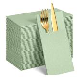 60 Pcs Sage Green Linen-Feel Paper Napkins with Built-in Flatware Pocket, Pocket Linen Napkins Prefolded Cloth Like Paper Napkins Bulk for Silverware Wedding Baby Shower Birthday Bridal Party