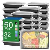50 Pack (100-Piece) 32 oz Meal Prep Containers Reusable with Easy Open Lids, Sturdy Leakproof Food Safe, Microwave Freezer Dishwasher Safe, To Go Take Out Plastic Food Storage Pans with Lids, Black