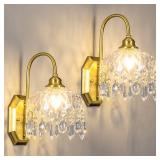 JXJYHL 2-Pack Vintage Wall Sconce,Glass Crystal Wall Sconce,Matte Brushed Antique Brass Finish Set of Two for Bedroom Bathroom Hallway Living Room Decor