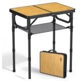 Anbte 2ft Camping Table Foldable with Storage Net, 3 Adjustable Heights Aluminum Small Folding Table Lightweight, Portable Handle for Travel Outdoor Beach Camping Picnic, 23.2\" x 16\", Light Oak Grai