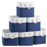 FinishingBo Cube Storage Baskets, 6 Pack 11x11 inch with Cotton Handles for Closet, Shelves, Clothes, Towel (White/Navy Blue)