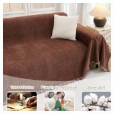 MYSKY HOME Sofa Covers for 2 Cushion Dogs - Boho Textured Soft Washable Decorative Couch Covers with Tassels, 71\"x118\", Chocolate