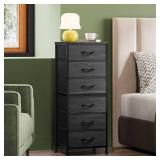 WLIVE Tall Dresser for Bedroom, 6 Drawer Dressers & Chests of Drawers, Fabric Dresser for Closet, Night Stand with Metal Frame, Storage Tower with Fabric Bins, Woodtop, Charcoal Black Wood Grain Print