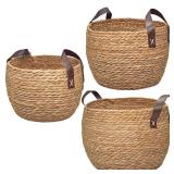 GIB Round Wicker Woven Seagrass Storage Baskets with Leather Handles Set of 3, Natural Decorative Braided Rope Wicker Baskets Bins for Shelves Blankets Organizing, 13\", 12\" & 11\"