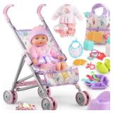 Baby Doll with Stroller Set for Realistic Pretend Play for 3 4 5 6 7 Year Old Toddler Girls Gifts. Baby Stroller Toys includes 12.5-inch Baby Dolls, 2 sets Doll Clothes and 17 PCS Doll Accessories