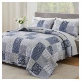 Cozyholy Navy Blue Gray Oversized King Quilt Set 128x120, 3 Piece Quilted Bedspread Set Patchwork Plaid Bedding Comforter Set Reversible Lightweight Microfiber Bed Spread Coverlet Set for All Seasons
