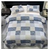 Cozyholy Navy Blue Gray Oversized King Quilt Set 128x120, 3 Piece Quilted Bedspread Set Patchwork Plaid Bedding Comforter Set Reversible Lightweight Microfiber Bed Spread Coverlet Set for All Seasons