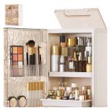 HAIXIN Makeup Organizer with Drawer & Brush Holder, Plastic Cosmetic Display Cases, Large Vanity Organizer Countertop Waterproof for Skincare, Perfume, Bathroom & Dresser (White & Amber)