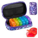 Serfeymi Weekly Travel Pill Organizer 2 Times A Day AM PM Upgraded Rainbow Pill Box 7 Day with Portable Zipper Canvas Pill Case, Medicine Organizer for Pills, Vitamins, Fish Oils - Purple 01