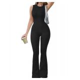 OQQ Women Yoga Jumpsuits Ribbed Crew Neck Sleeveless Bell Bottoms Flare Jumpsuits Black