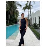 OQQ Women Yoga Jumpsuits Ribbed Crew Neck Sleeveless Bell Bottoms Flare Jumpsuits Black