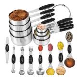 KELOFKO 16 Pieces Measuring Cups and Magnetic Measuring Spoons Set Stainless Steel,8 Measure Cups with Silicone Handle and 7 Double Sided Magnetic Measure Spoons & 1 Leveler