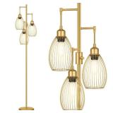 Dimmable Floor Lamp, 3 x 800LM LED Edison Bulbs Included, Farmhouse Industrial Floor Lamp Standing Tree Lamp with Elegant Teardrop Cage Head Tall Lamp for Living Room Bedroom Office Dining Room - Gold