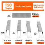 SITLDY Heavy Duty T50 Staples 5400-Count 5 Sizes Includes: 5/16\",3/8\",1/2\",9/16\" Staples+5/8\" Brad Nails, 20 Gauge Galvanized Assorted Size Project Pack