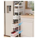 UMDONX Slim Storage Cart 5 Tier with Pull Out Basket Bathroom Organizer Rolling cart, Rolling Utility Cart Slide Out Organizer for Kitchen, Bathroom, Laundry White