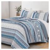 WONGS BEDDING Boho Quilt Set Super King Size, Blue Bohemian 3 Pieces Quilt Sets, Lightweight Bedspread Coverlet Bedding Set for All Season (120\"x114\") *small cut from opening box*