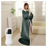 Heated Blanket Electric Blanket Throw Size with Foot Pockets & Sleeves, Flannel Heating Blanket with 9 Heating Levels & 1-9 Hours Auto Off, Fast Heating & Overheat Protection, 50\" x 70\", Deep Gray