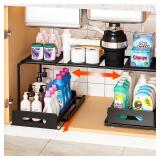 REALINN Extendable Under Sink Organizer, 2 Tier Pull Out Under Cabinet Organizer Shelf, Black Expandable Storage