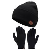 Winter Warm Beanie Hat Touchscreen Gloves Set, Soft Skull Cap Gloves Set for Men and Women with Warm Knit Fleece Lined