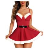 RSLOVE Women Christmas Lingerie Sexy Santa Satin Lingerie Set Sexy Babydoll Chemise Red S