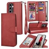 Tekcoo Wallet Case for Galaxy S24 FE / S24 Fan Edition 5G / SM-S721, Luxury Cash Credit Card Slots Holder Carrying Folio Flip PU Leather Cover [Detachable Magnetic Hard Case] for Samsung S24 5G - Red