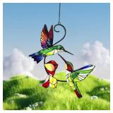 Hummingbird with Flower Stained Glass Window Hanging - 8 inch Window Hanging Stained Metals Suncatcher Humming Bird Garden Decor, Gift for Women Mother