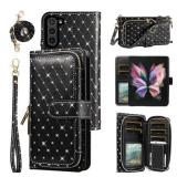 Asuwish Phone Cover for Samsung Galaxy Z Fold 6 5G 2024 Wallet Case Cell Zipper with Crossbody Lanyard Strap Bling Glitter Flip Card Holder Slot ZFold6 Z6 G Fold6 ZFold 6Z Women Girls Black