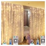 HXWEIYE 300LED Fairy Curtain Lights, 9.8x9.8Ft USB Plug-in 8 Modes Christmas String Hanging Lights with Remote for Bedroom Backdrop Wedding Indoor Wall Decor, Warm White, Standard â 2 Pack - Reta