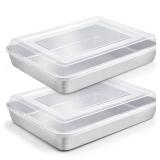 TeamFar Lasagna Pan, 12.3 x 9.75 x 2 Stainless Steel Rectangular Cake Brownie Baking Pan with Lid, Non-Toxic & Heavy Duty, Brush Surface & Deep Side, Dishwasher Safe-2 Pans+2 Lids - Retail: $26