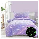 HOMBYS Purple Velvet Bedding Set 4 Piece with Sheets, Glow in The Dark Comforter for Kids Bed, Ultra Soft Down Alternative Comforter for Teenage Girls, Bed in a Bag