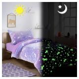 HOMBYS Purple Velvet Bedding Set 4 Piece with Sheets, Glow in The Dark Comforter for Kids Bed, Ultra Soft Down Alternative Comforter for Teenage Girls, Bed in a Bag