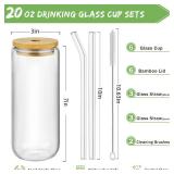 SENTVEND 20 Oz Drinking Glasses with Bamboo Lids and Glass Straw - 6 Pcs Glass Cups Beer Ice Coffee Glasses Cute Aesthetic Cup Great for Coffee Bar Accessories Include 2 Cleaning Brushes (Missing Rubb