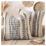 ANRODUO Pack of 2 Boho Decorative Throw Pillow Covers 26x26 Farmhouse Cushion Case Striped Chenille Pillow Cases Square Pillow Covers Accent Neutral Pillowcase for Sofa Couch Bed, Gray Blue Stripe