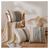 ANRODUO Pack of 2 Boho Decorative Throw Pillow Covers 26x26 Farmhouse Cushion Case Striped Chenille Pillow Cases Square Pillow Covers Accent Neutral Pillowcase for Sofa Couch Bed, Gray Blue Stripe