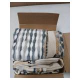 ANRODUO Pack of 2 Boho Decorative Throw Pillow Covers 26x26 Farmhouse Cushion Case Striped Chenille Pillow Cases Square Pillow Covers Accent Neutral Pillowcase for Sofa Couch Bed, Gray Blue Stripe