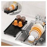 masadi Small Dish Drying Rack - Expandable Sink Dish Drying Rack Over Sinks with Drying Tray, Dish Drainer for Kitchen Counter with Adjustable Cutlery Holder, Space-Saving for Small Kitchens, Black - 