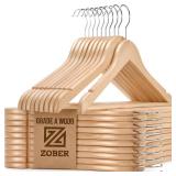 ZOBER High-Grade Wooden Hangers - Heavy Duty, Non Slip Wood Hangers for Coats, Jackets, Suits, & Pants - Clothes Hangers for Closet W/Bar and Notches 20 Pack - Retail: $30