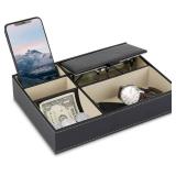 Baoyun Mens Valet Tray Organizer, Mens Jewelry Box, Nightstand Organizer for Men with 5 compartments, Faux Leather Key Tray for Entryway Table, Bedside Storage for Watch, Coin, Phone Gifts for Men - R