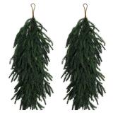 Tobilu 2 Pcs Christmas Swag - 27 Inch Teardrop Swag with Artificial Pine Needles Greenery Swags for Xmas Front Door Staircase Window Wall Mantel Decor - Dark Green - Retail: $10