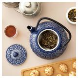 Juvale Japanese Cast Iron Teapot with Infuser & Stovetop Tea Kettle - 34 oz, Blue - Heat Retention, Removable Lid & Fold-Down Handle (Handle Needs Reattached) - Retail: $33