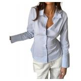 Women Y2k Button Down Shirt Vintage Long Sleeve Cute E-Girls V Neck Slim Fit Crop Top Fairy 90S Coquette Blouse (Gray Medium) - Retail: $22