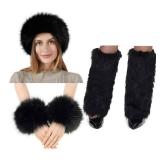 Fancylovesotio 5 Pieces Faux Fur Headband Arm Cuffs Leg Warmers Ear Furry Warmers for Cold Weather Furry Costumes (Black) - Retail: $20