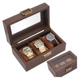 INFUNLY 3 Slots Watch Display Box PU Leather Watch Holder for Men Watch Storage Box with Glass Lid Brown Watch Organizer Case for Father